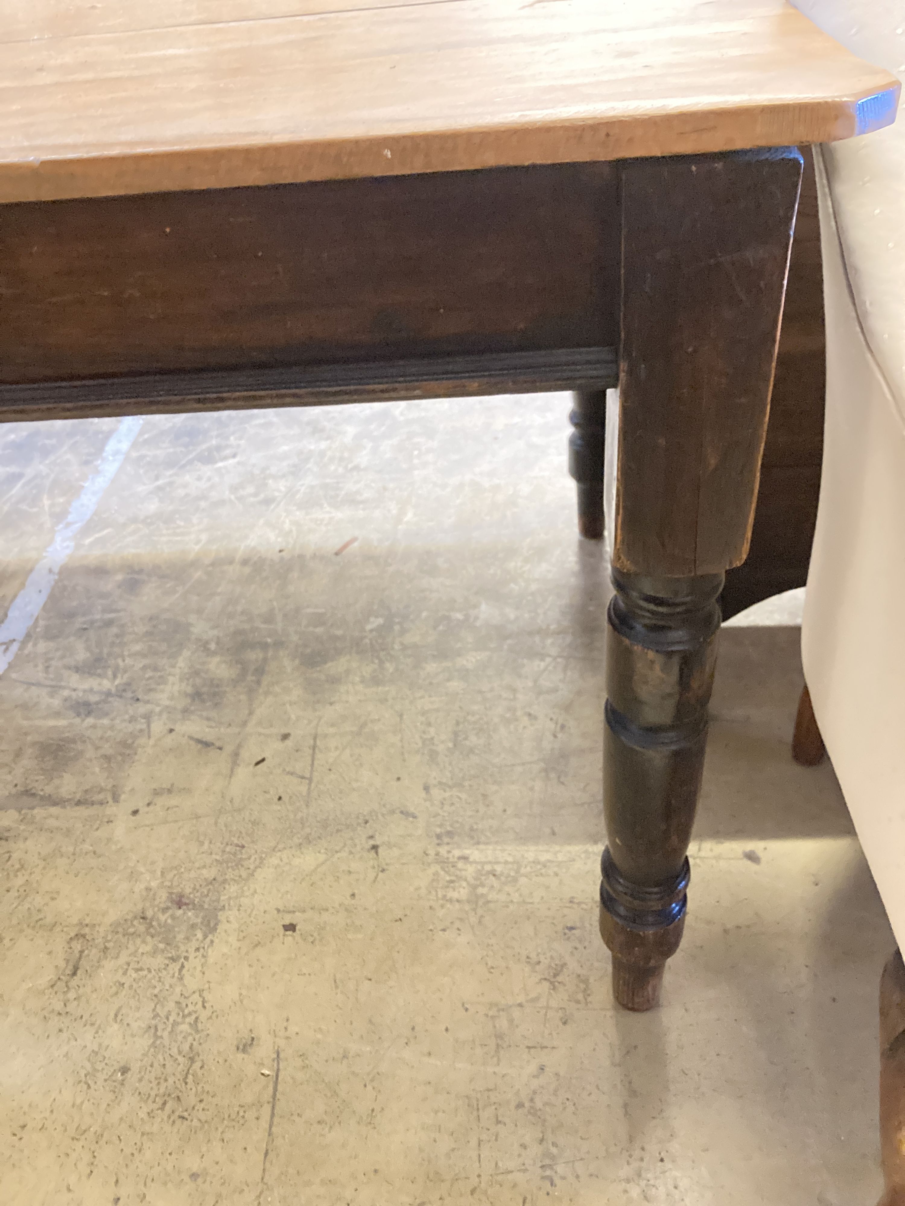 A Victorian rectangular pine kitchen table, fitted drawer, width 122cm, depth 87cm, height 75cm